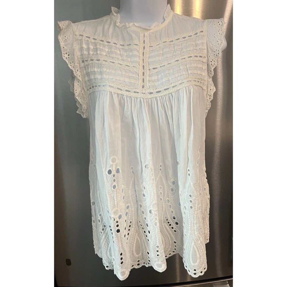 Adiva White Eyelet Blouse Boho Cottagecore Ruffle Romantic Broderie Anglaise L